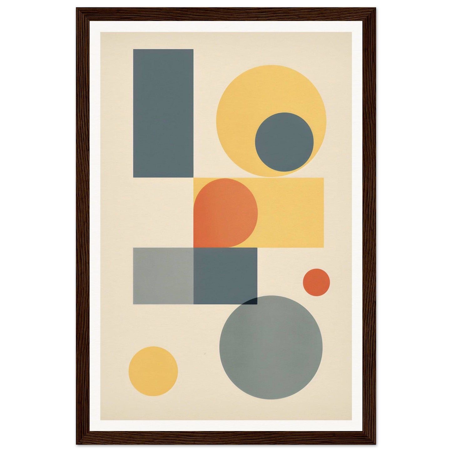 Abstract geometric artwork featuring circles, rectangles, and squares in muted colors.