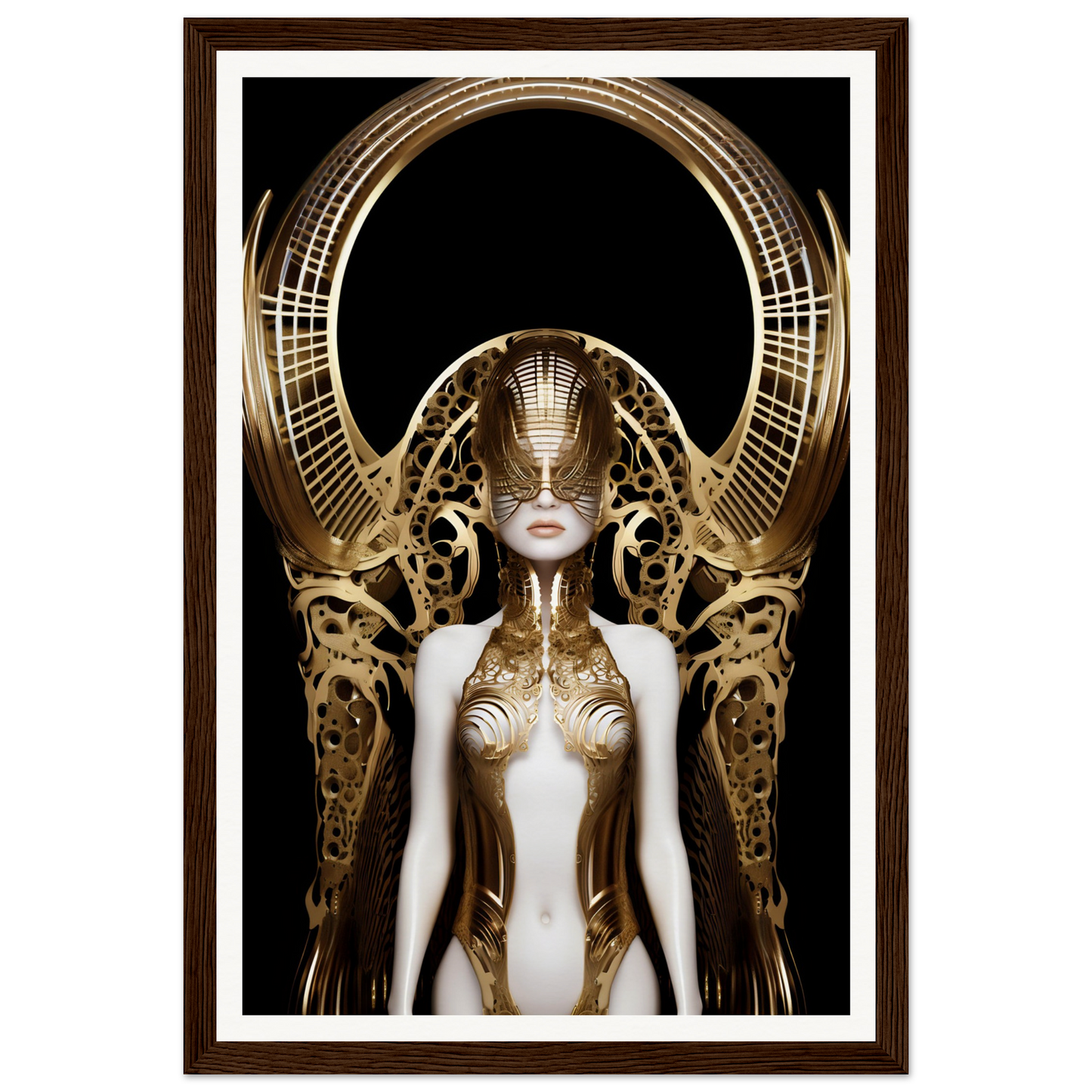 Futuristic female figure adorned with intricate golden metallic structures and ornate headdress.
