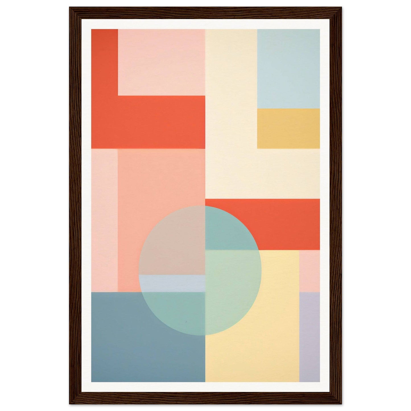 Abstract geometric artwork featuring pastel-colored shapes and blocks in a minimalist composition.