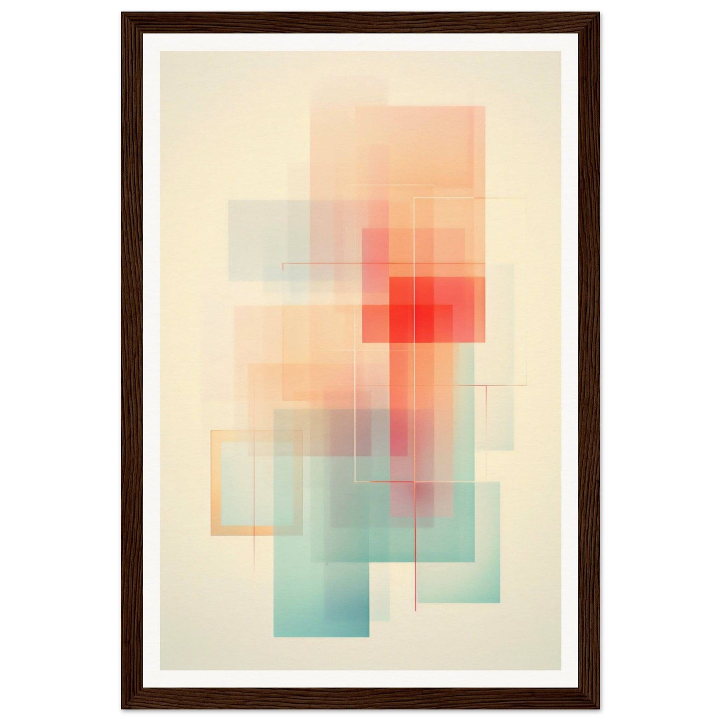 Abstract geometric artwork featuring overlapping translucent rectangles in soft pastel colors.