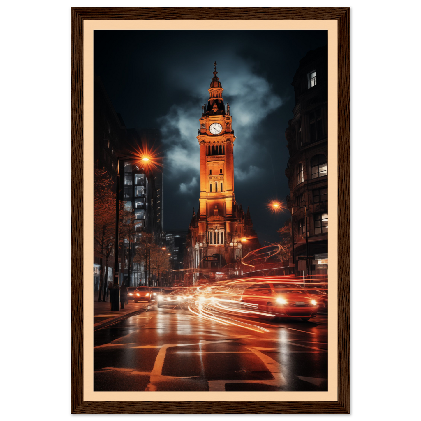 Illuminated clock tower at night with glowing orange lights.