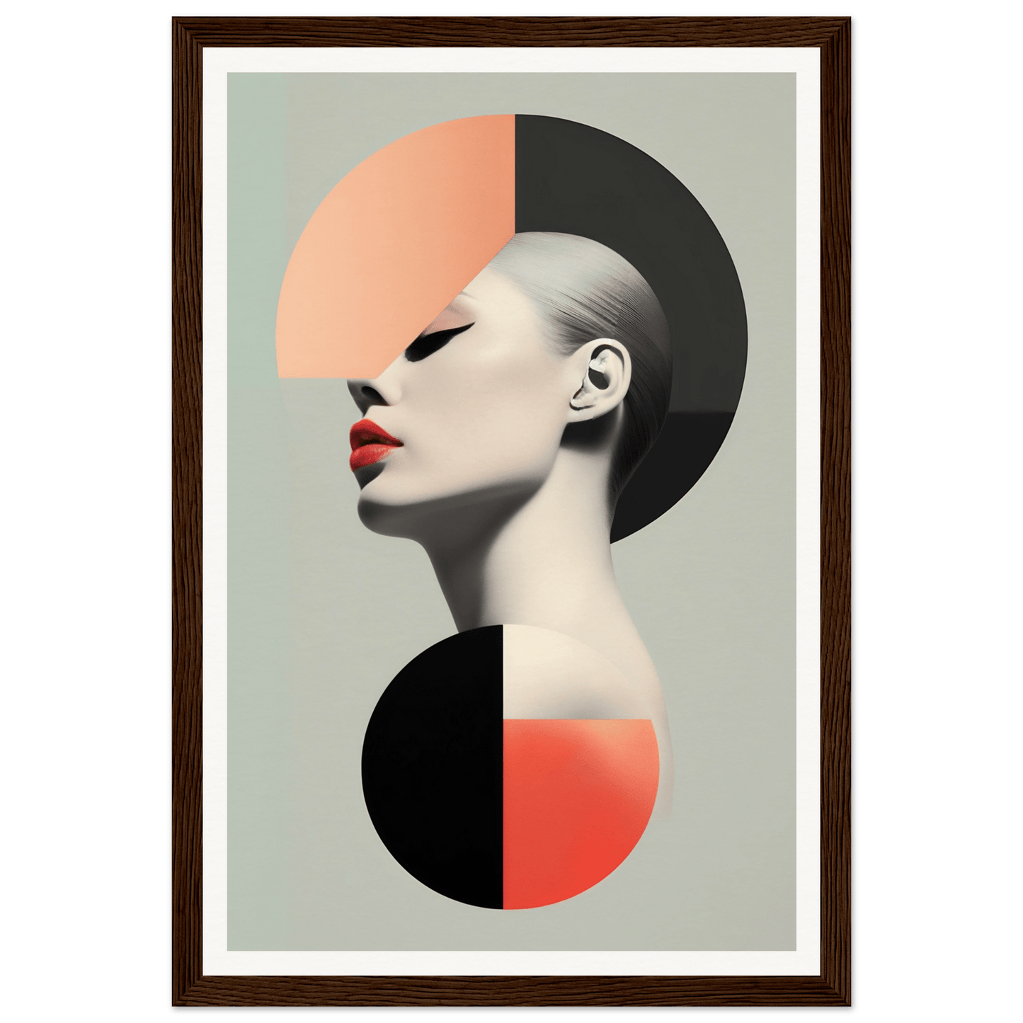 Stylized portrait of a person’s profile with geometric shapes and contrasting colors.