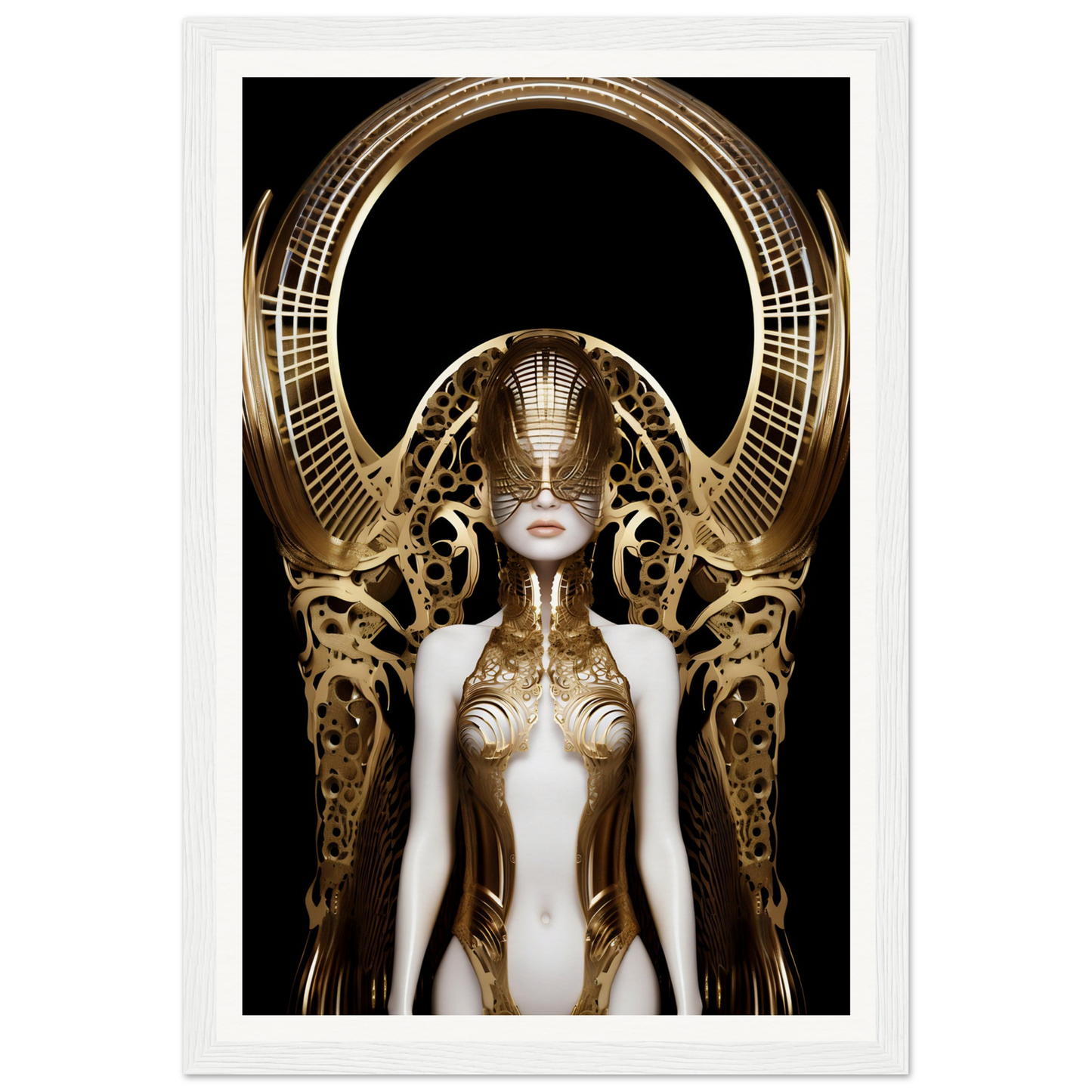 Futuristic golden robotic figure with an elaborate headdress and ornate metallic body armor.