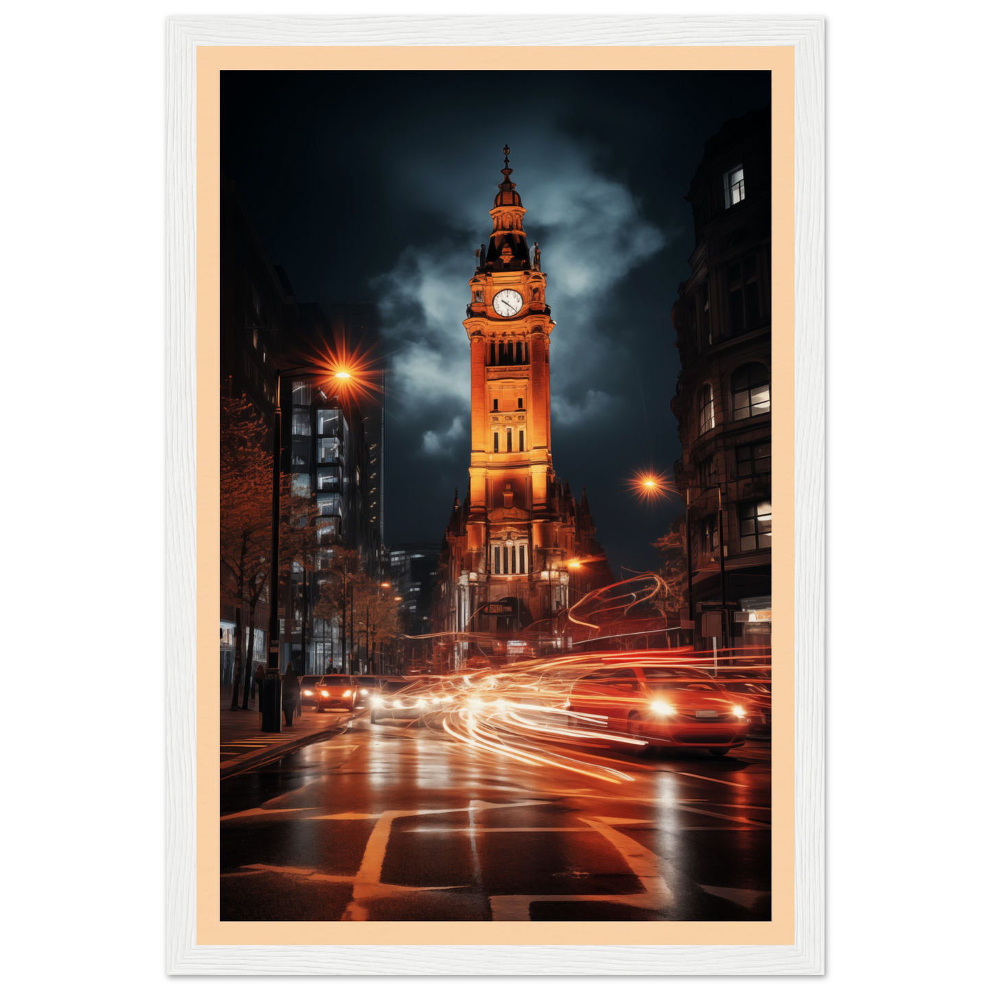 Illuminated clock tower at night with a glowing orange face.