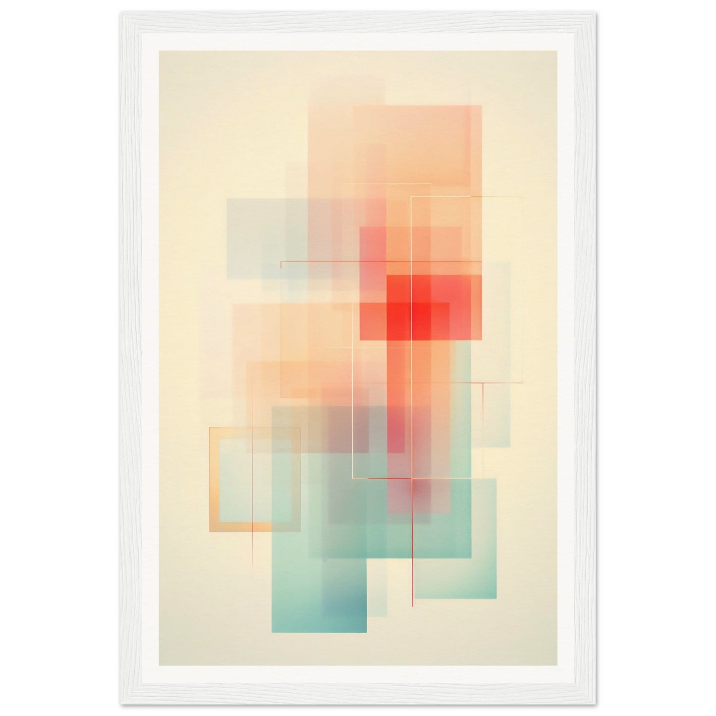 Abstract geometric artwork featuring overlapping translucent shapes in soft pastel colors.