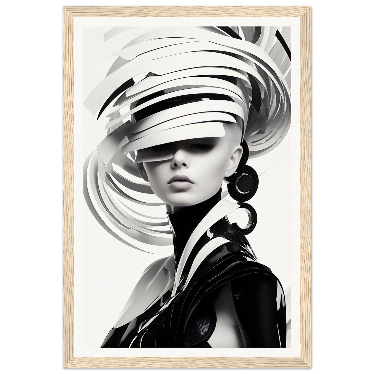 Striking black and white portrait of a woman wearing an avant-garde swirling headdress.