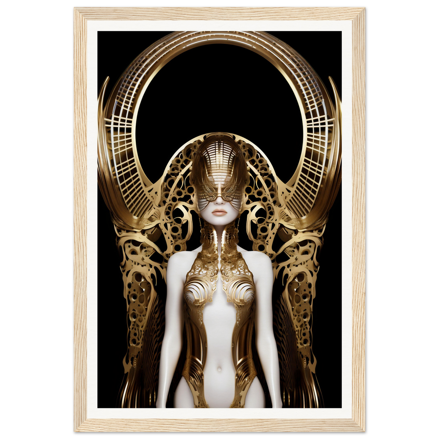 Futuristic female figure adorned with intricate golden metallic headpiece and body armor.