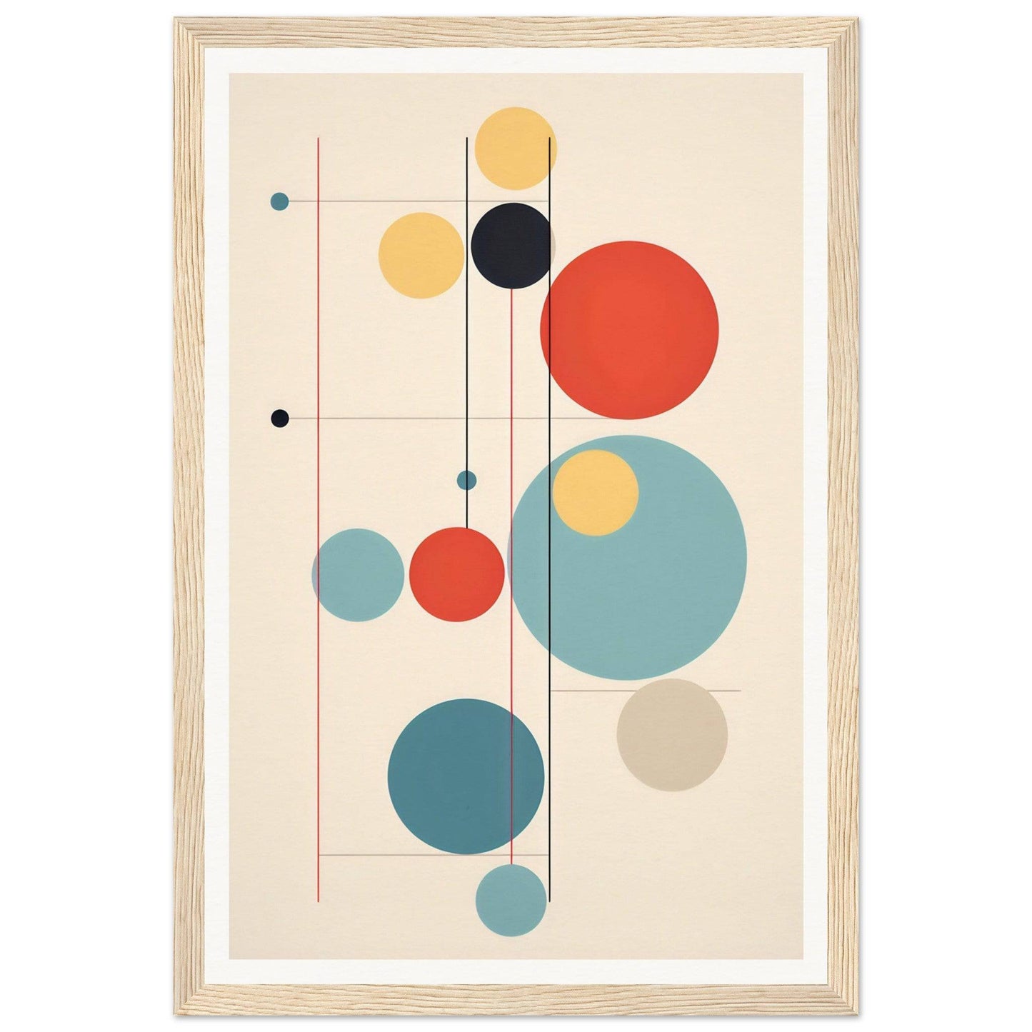 Abstract geometric artwork featuring colorful circles and lines in a minimalist composition.