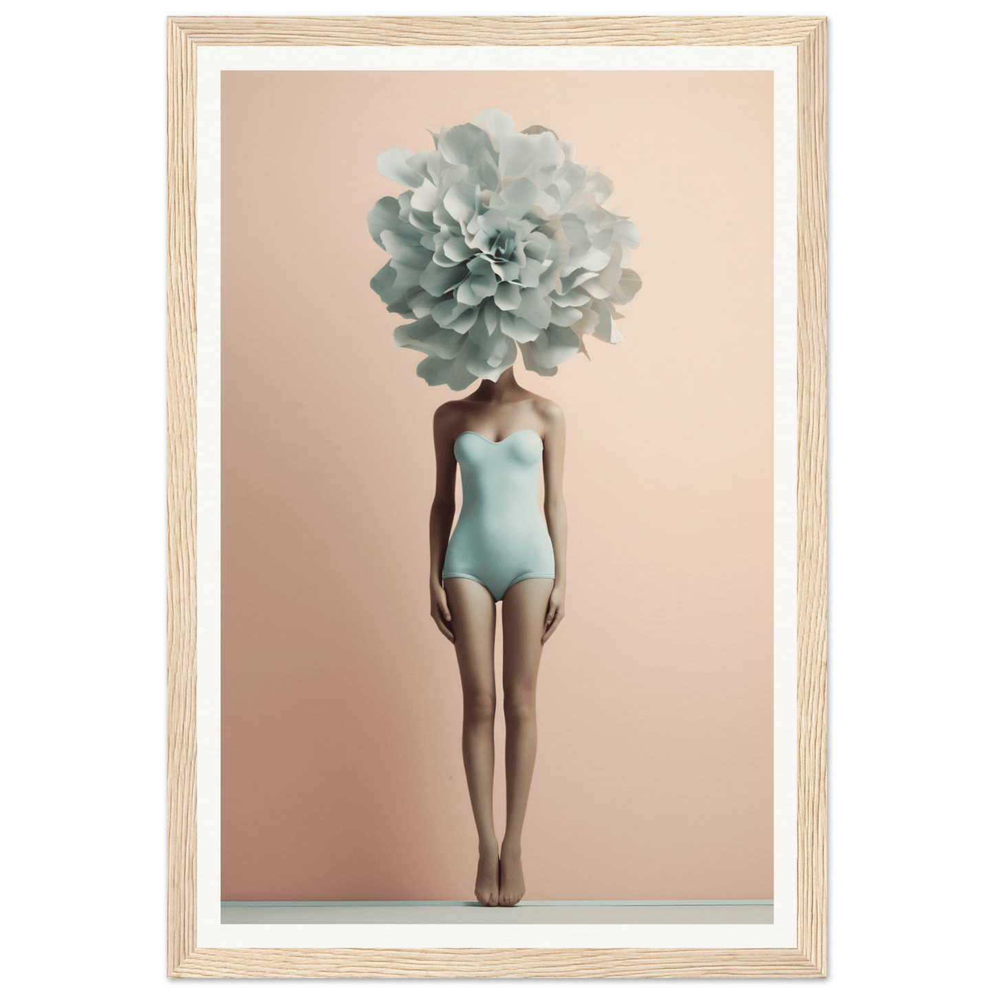 Figure in a light blue swimsuit with a large pale green flower in place of a head.