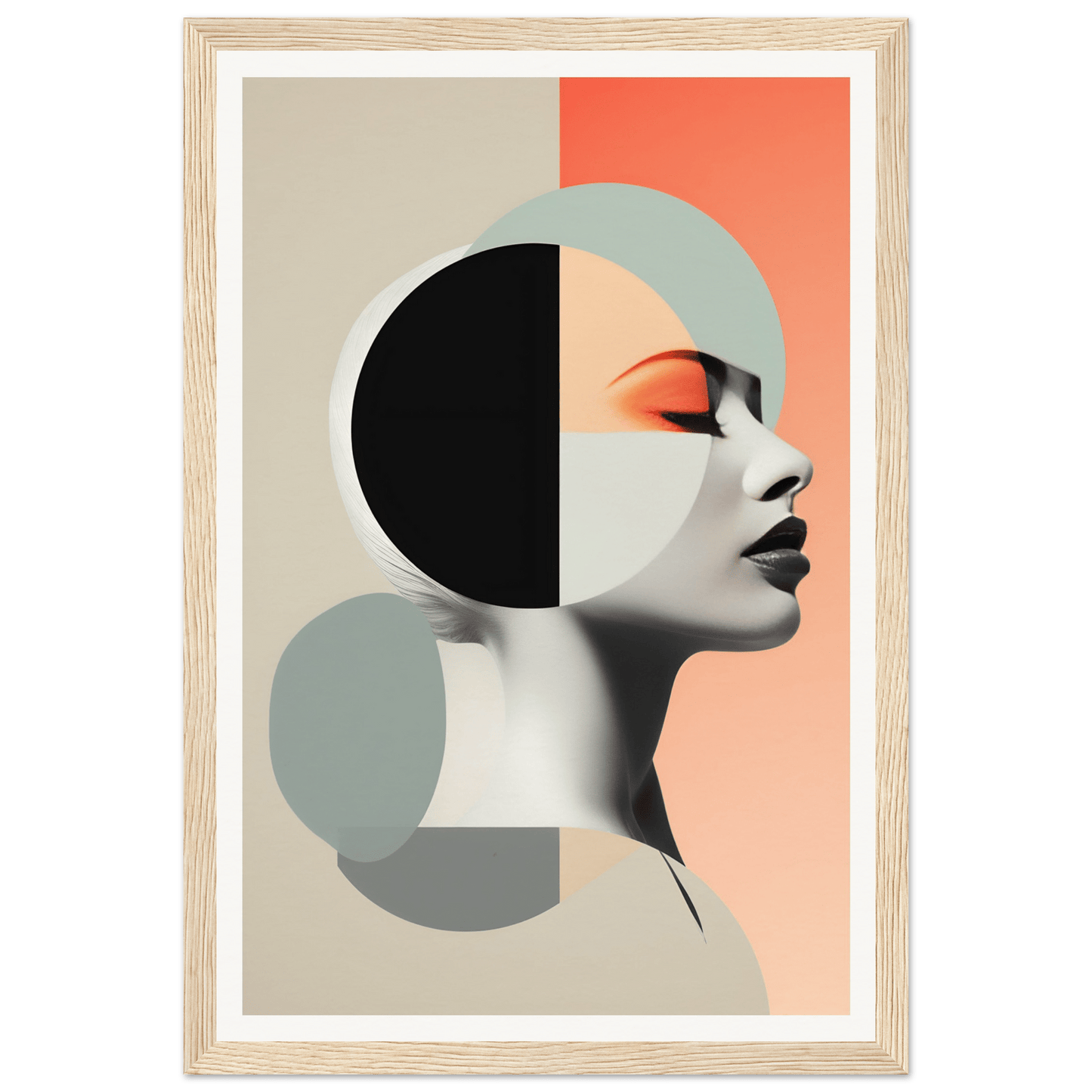 Stylized portrait of a woman’s profile with geometric shapes and contrasting colors.