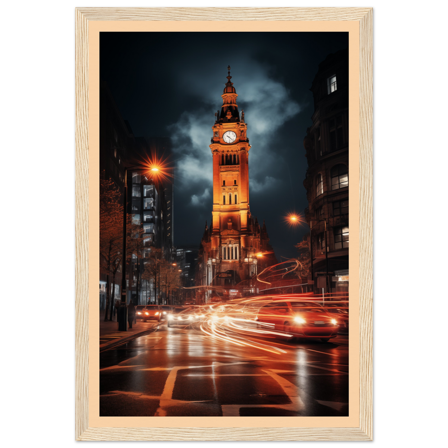 Illuminated clock tower at night with glowing orange lights against a dark sky.