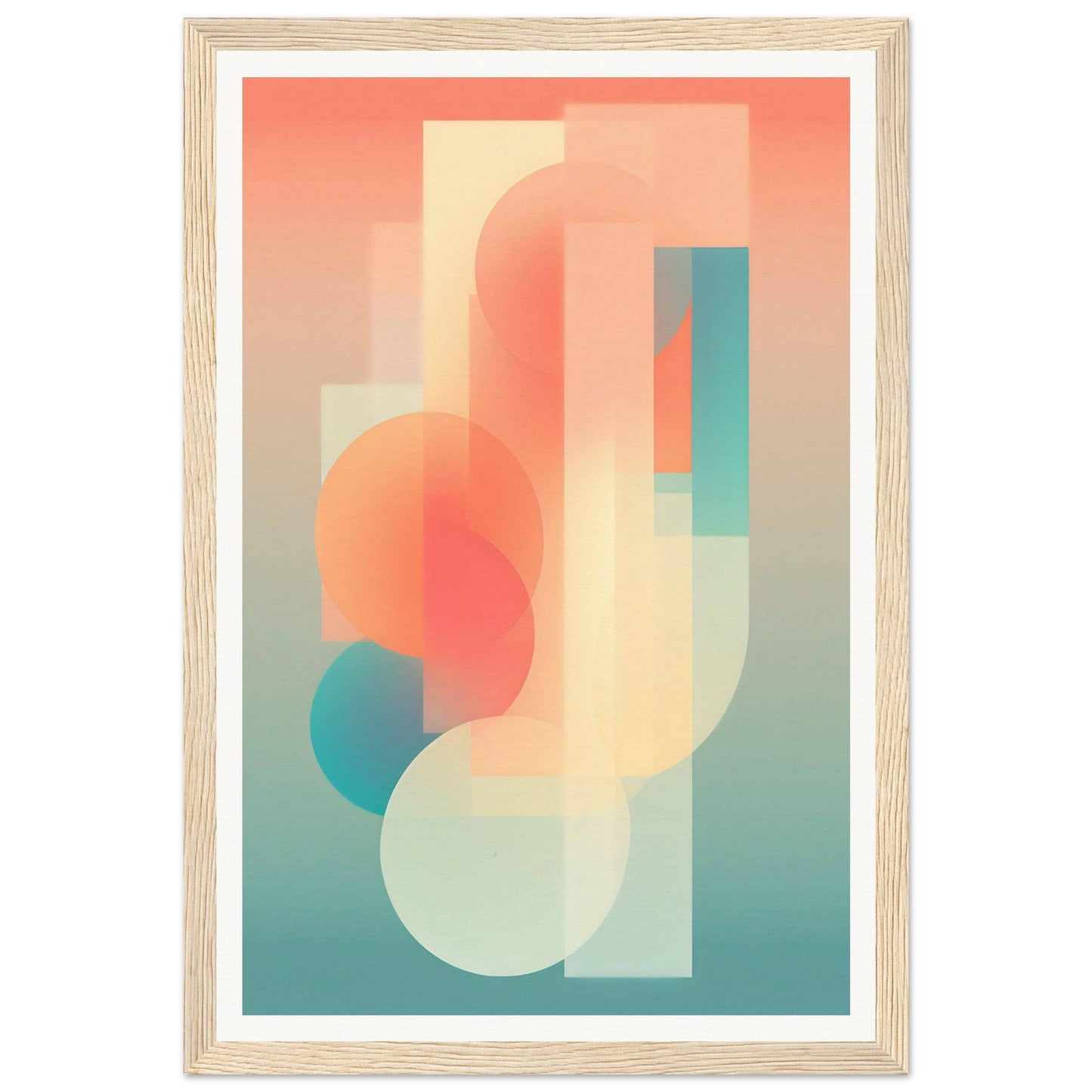 Abstract geometric artwork featuring overlapping shapes in soft pastel colors.