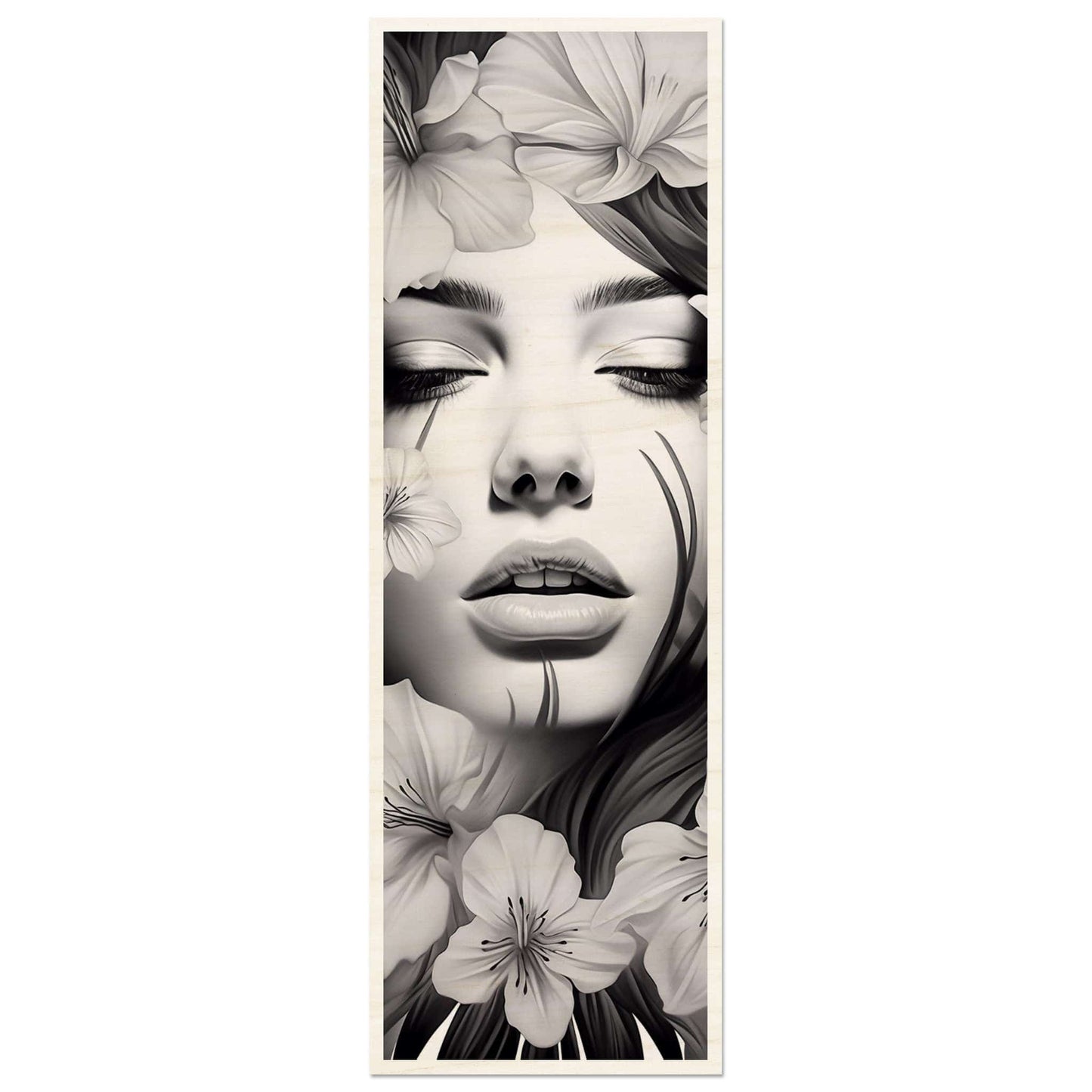 Portrait of a woman’s face surrounded by delicate flower petals in black and white.