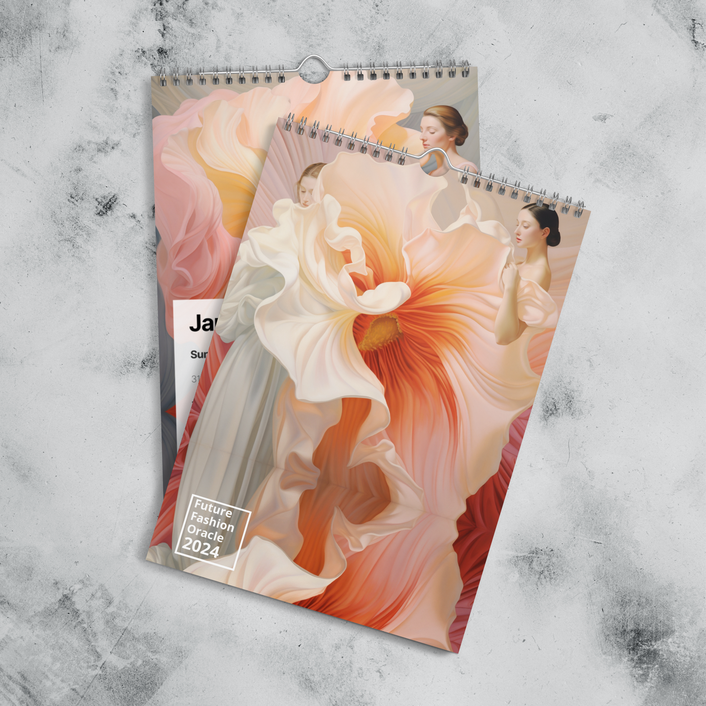 Spiral-bound calendars featuring artistic floral designs in soft peach and orange tones.