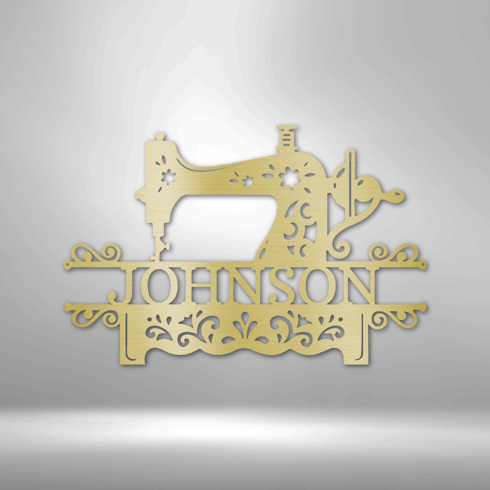Decorative metal sign featuring a stylized sewing machine design with the name ’JOHNSON’ incorporated.
