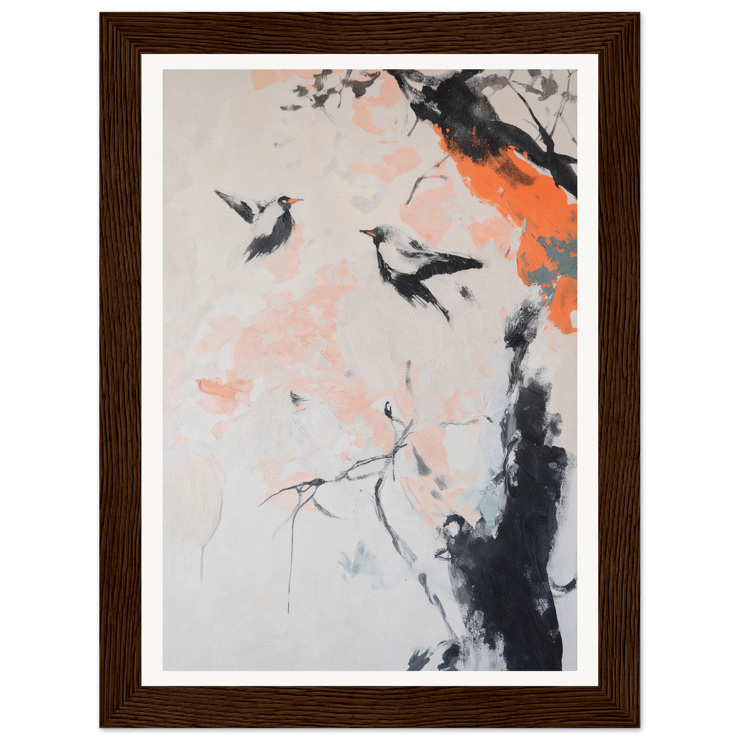 Framed wall art of birds on a tree with pink and orange accents for elegant room decor.