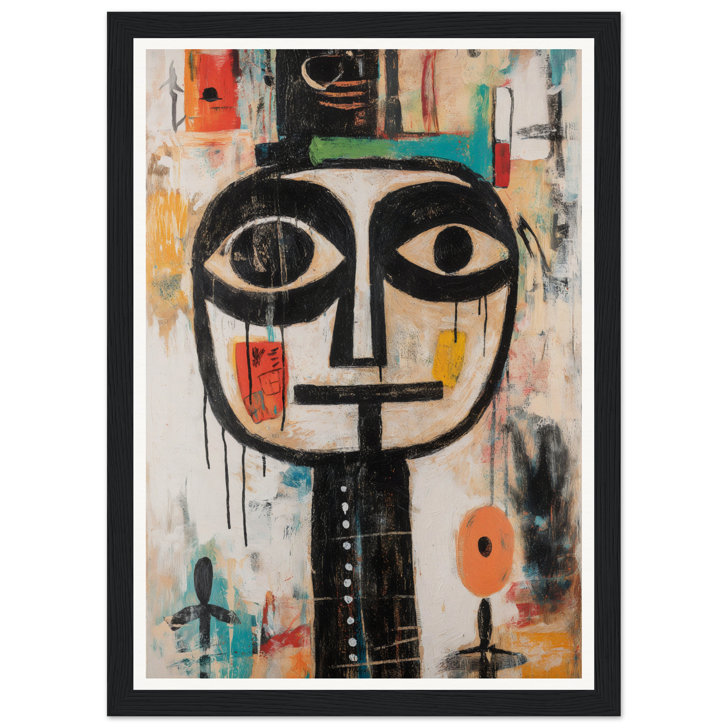 Framed abstract artwork depicting a face with large eyes and a long neck, in vibrant colors.