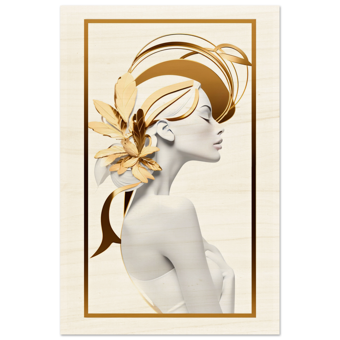 Stylized profile portrait of a woman with golden floral and abstract elements adorning her head.