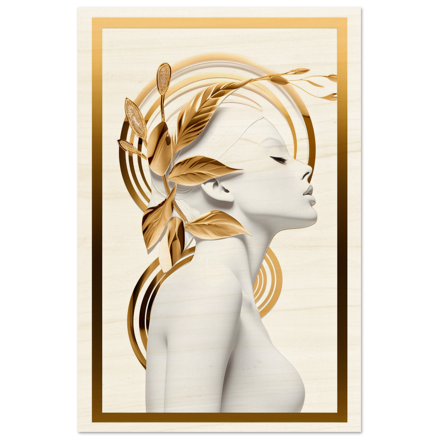 Stylized profile portrait of a woman with golden floral and leaf elements adorning her hair and face.