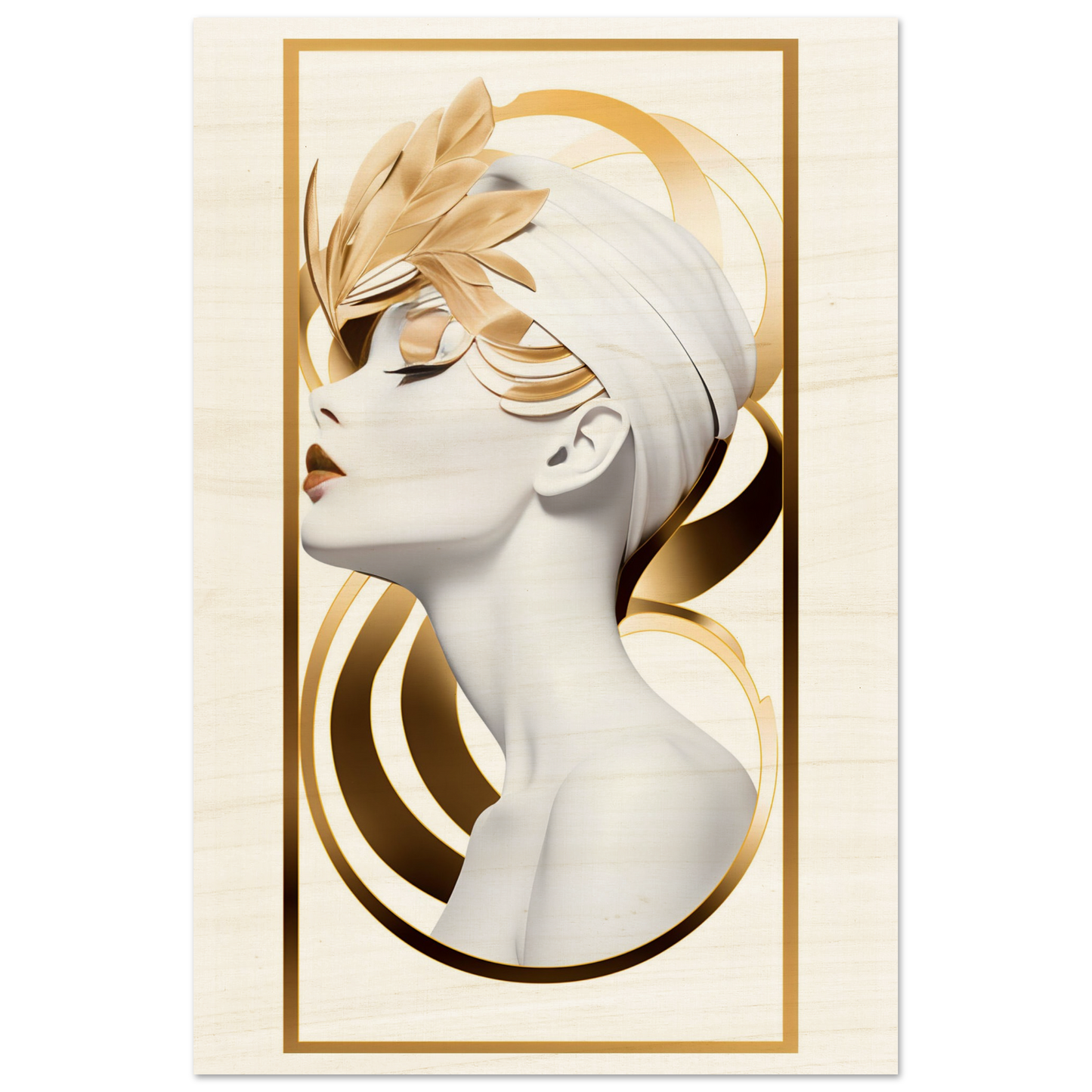 Stylized portrait of a woman with golden accents and feather-like hair ornaments.