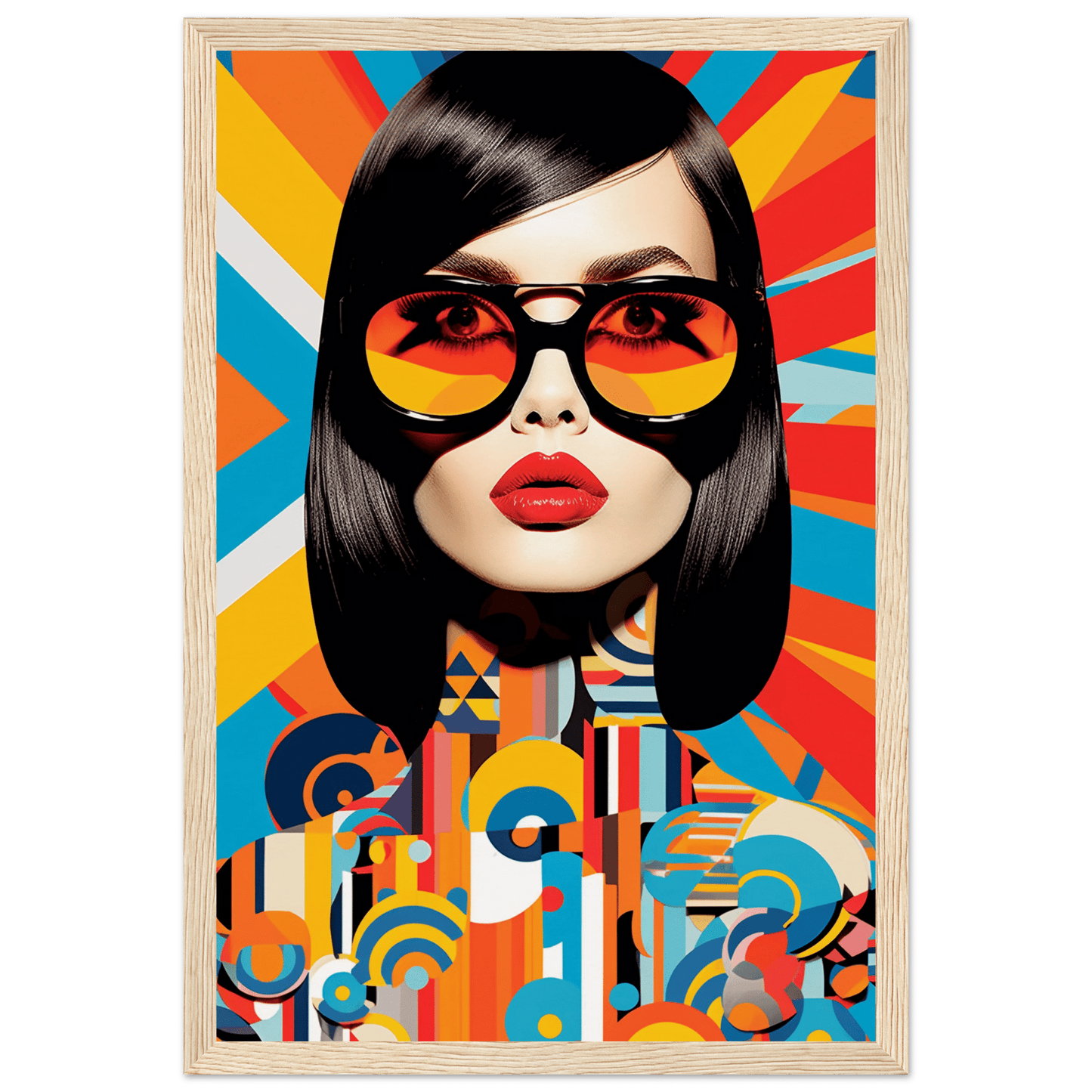 Stylized portrait of a woman with sunglasses against a colorful geometric background.