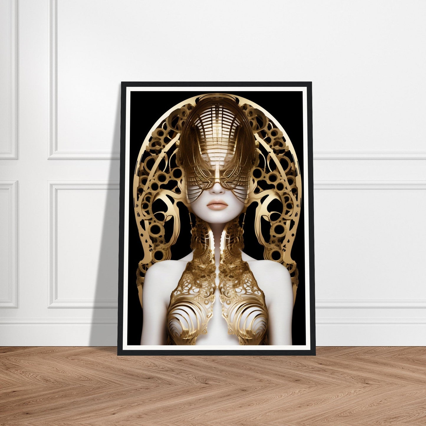 Framed artwork depicting a figure with an ornate golden headdress and body adornments in a surreal, futuristic style.