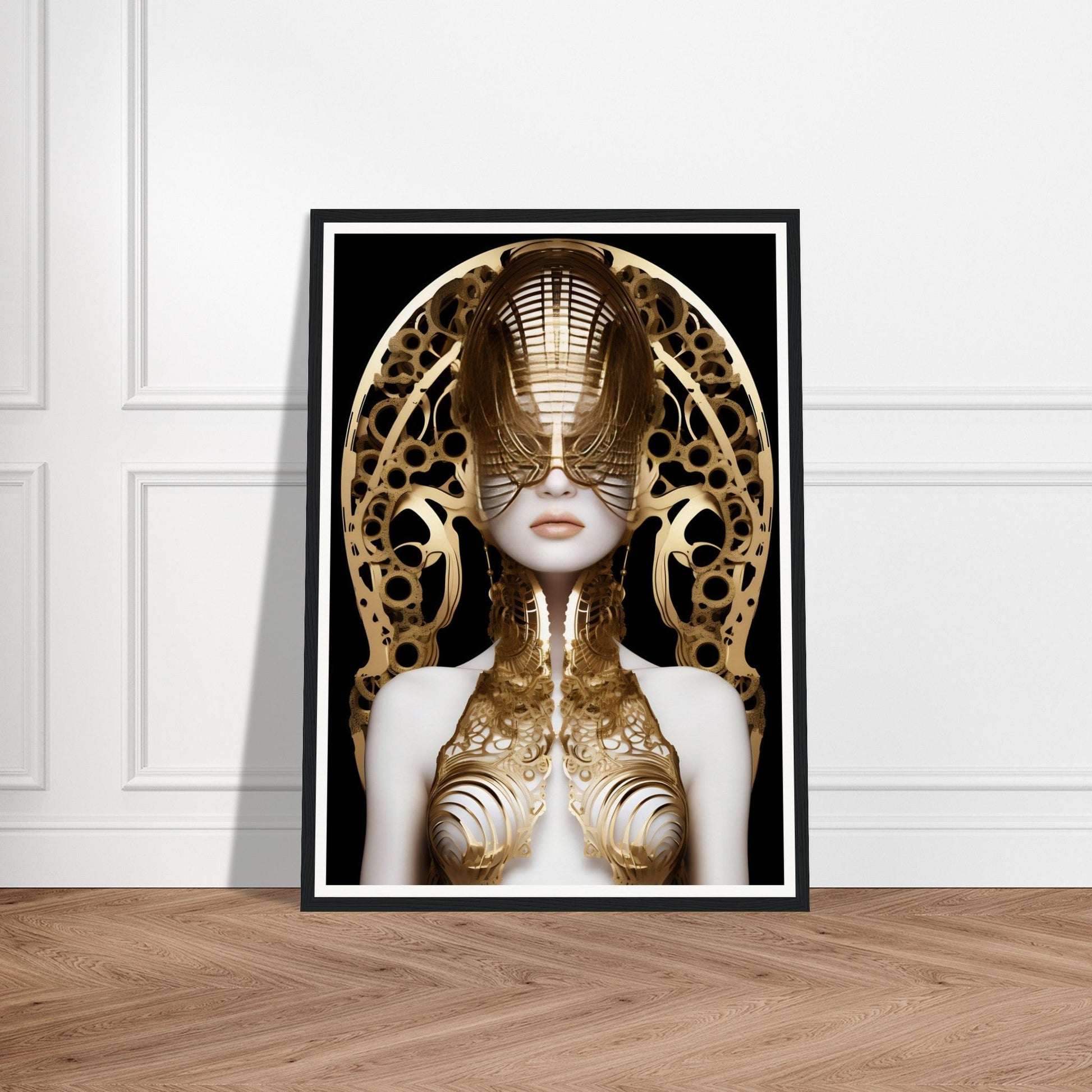 Framed artwork depicting a figure with an ornate golden headdress and body adornments in a surreal, futuristic style.