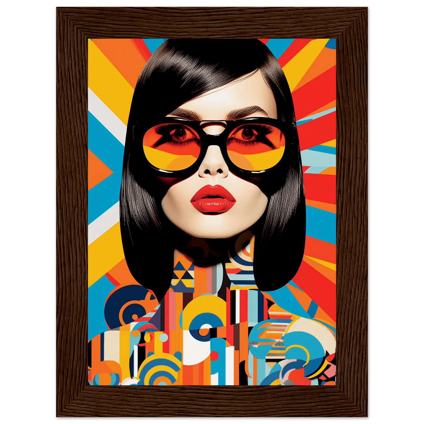 Pop art style portrait of a woman with sunglasses and vibrant geometric patterns.