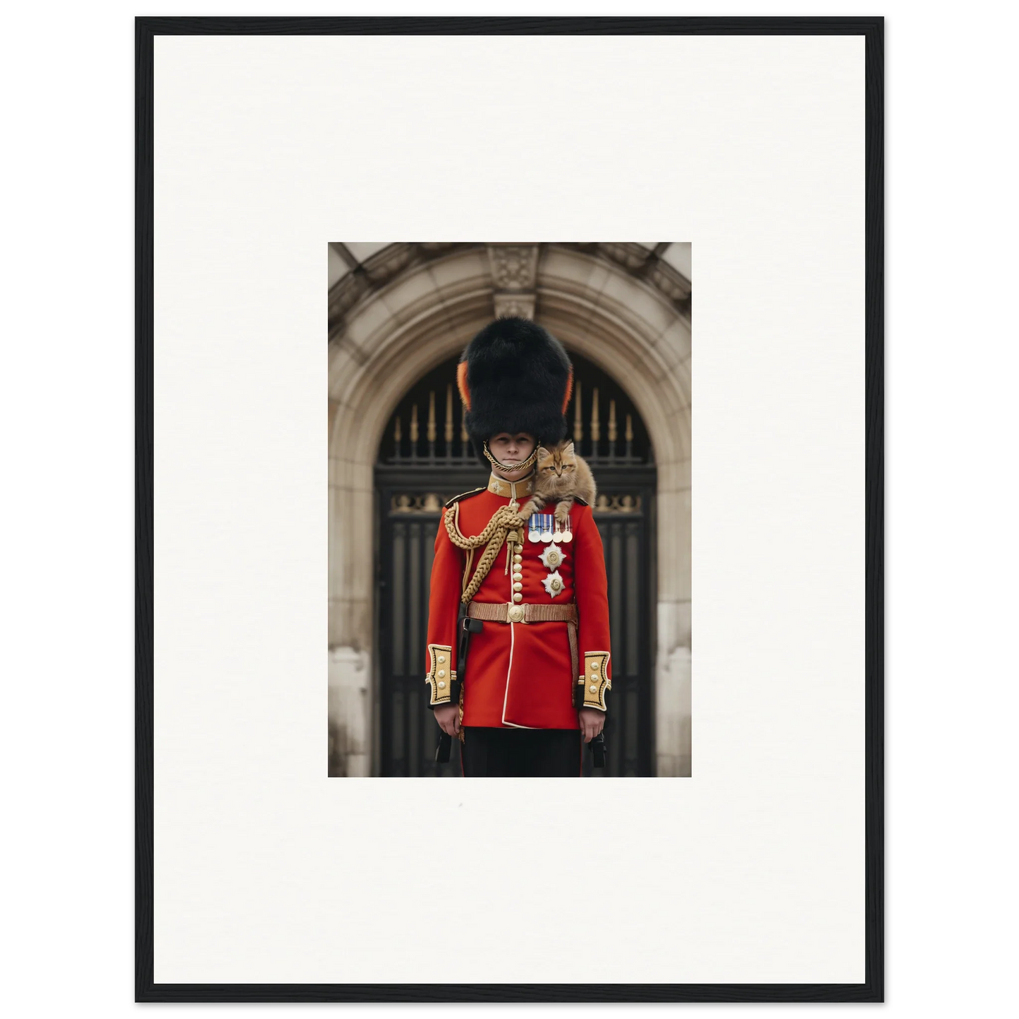 Royal Red Reverie featuring a Queen’s Guard in red uniform and bearskin hat