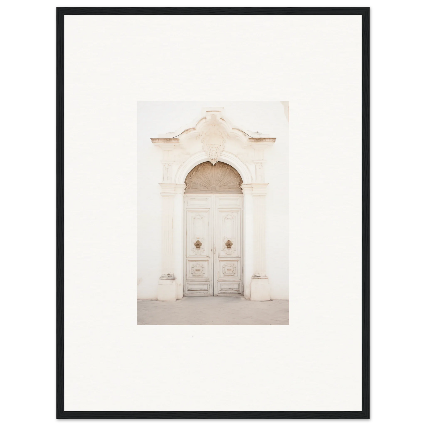 Ornate white double door with archway in Faded Elegance Whispers framed wall art