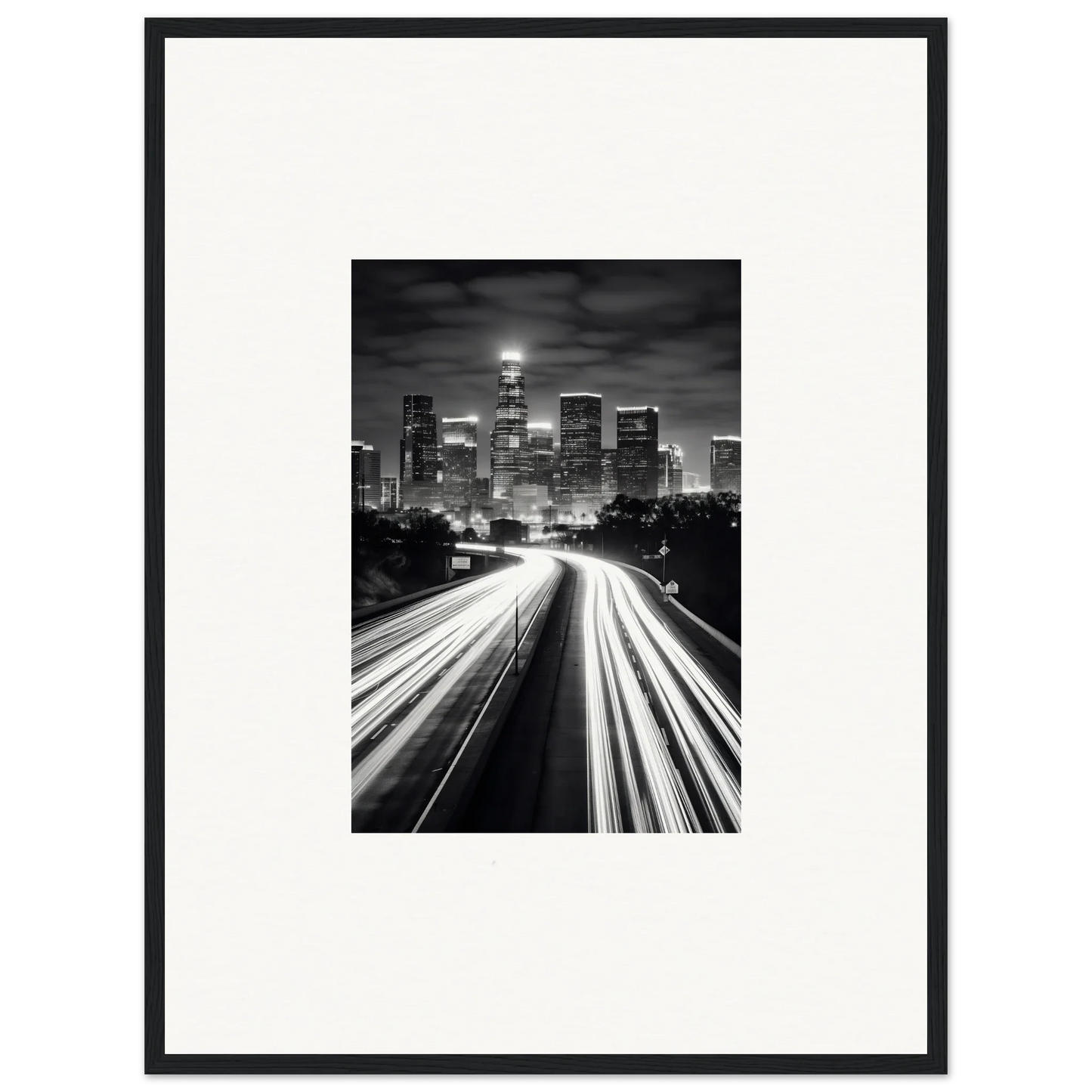 Stunning black and white cityscape with light trails in this framed wall art, Steel Framed Wall