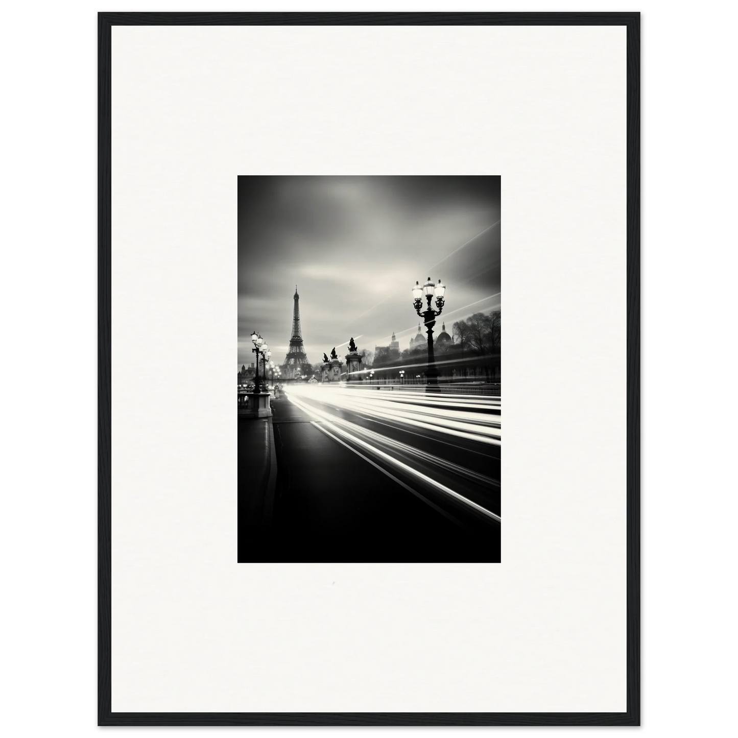 Black and white Eiffel Tower photo with traffic light trails for framed wall art