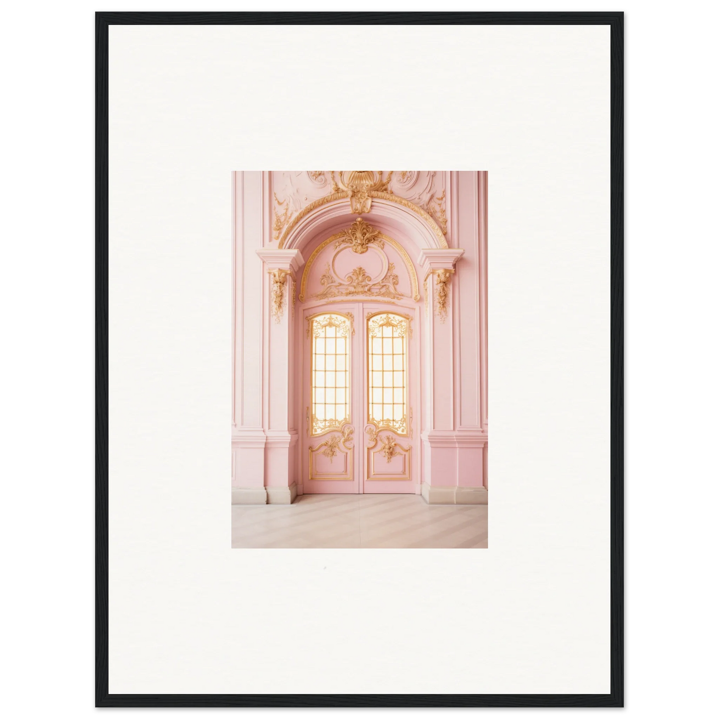 Ornate pink double doors with arched windows and gold details in Ethereal Rose Haven art