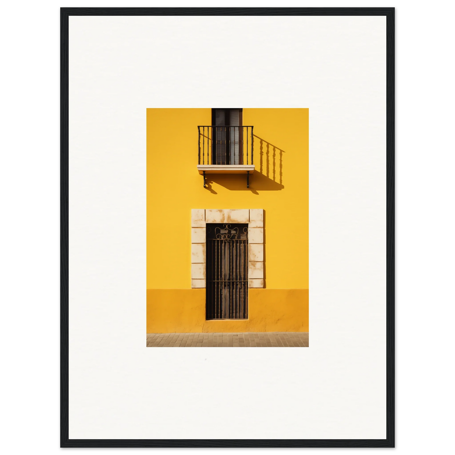 Black metal door with ironwork on bright yellow wall, part of Sun Custard Symphonies