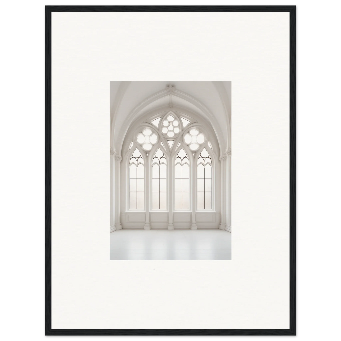 Gothic arched window with ornate tracery in Ethereal Light Elegy framed wall art
