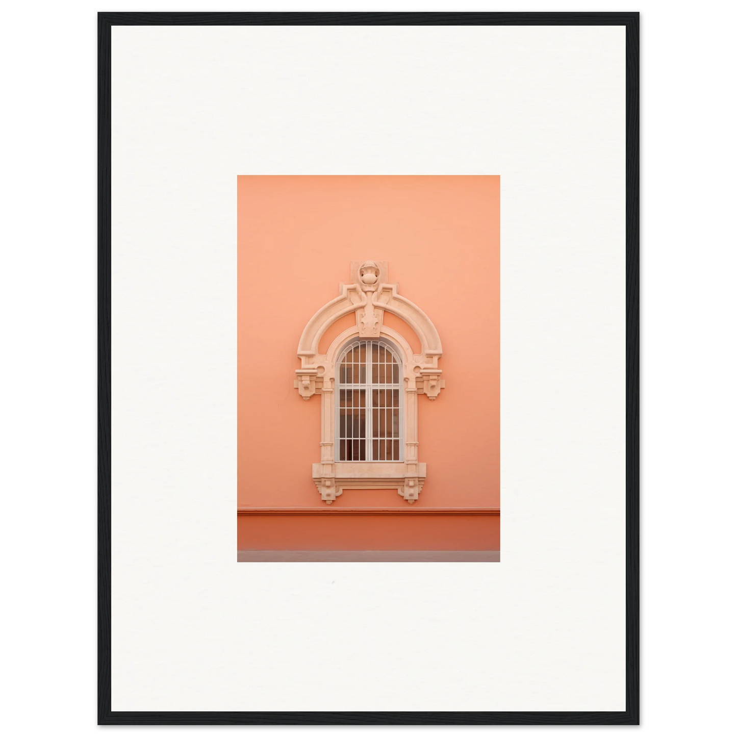 Ornate arched window on peach wall showcasing Opulent Dualities Neoclassical style