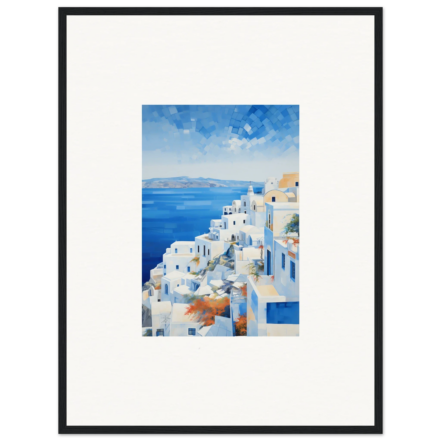 Framed wall art of white Santorini buildings in Ethereal Azure Echoes special edition