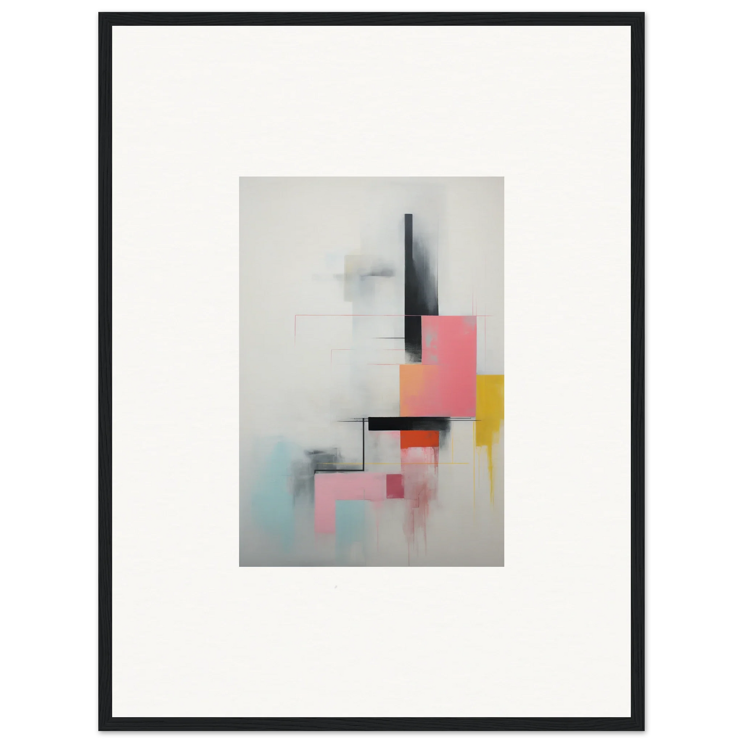 Abstract geometric artwork in soft pink, yellow, and black for Ethereal Chrome Juxtaposition
