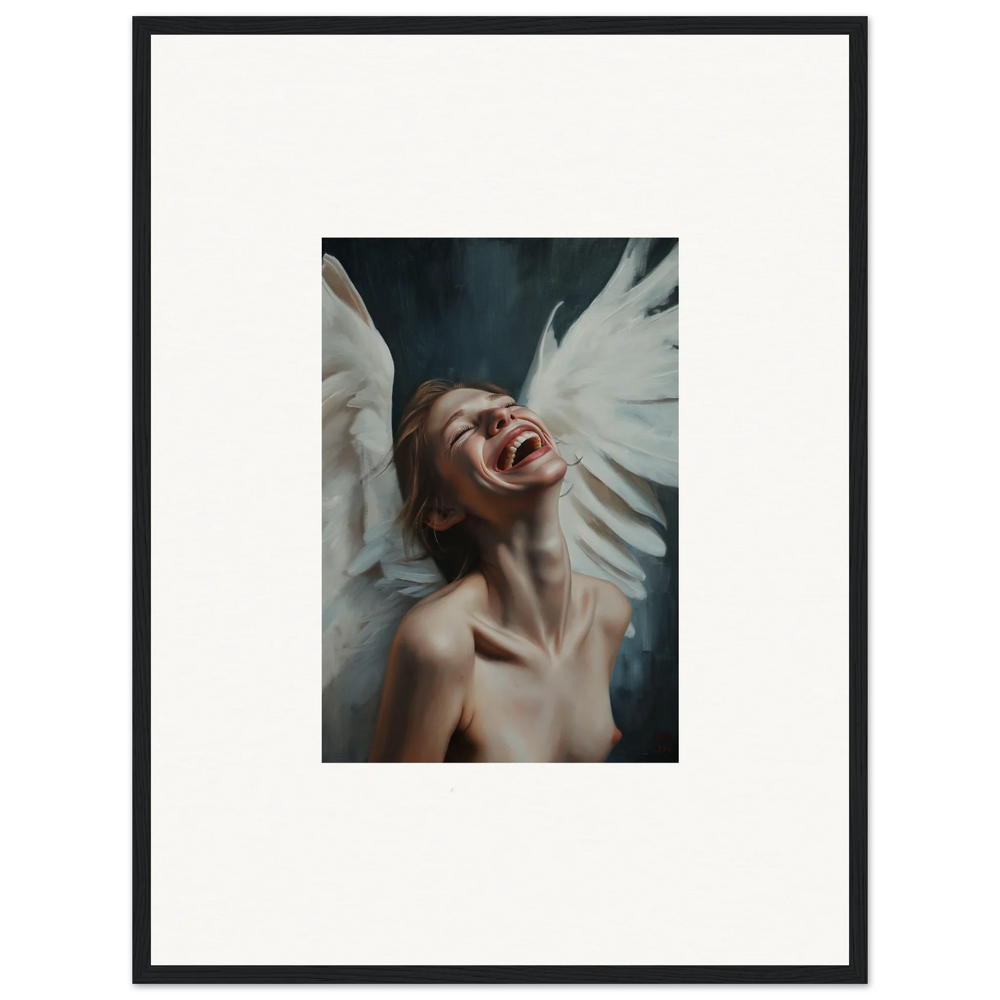 Framed Seraphic Euphoria canvas print of a person with white wings, perfect wall art