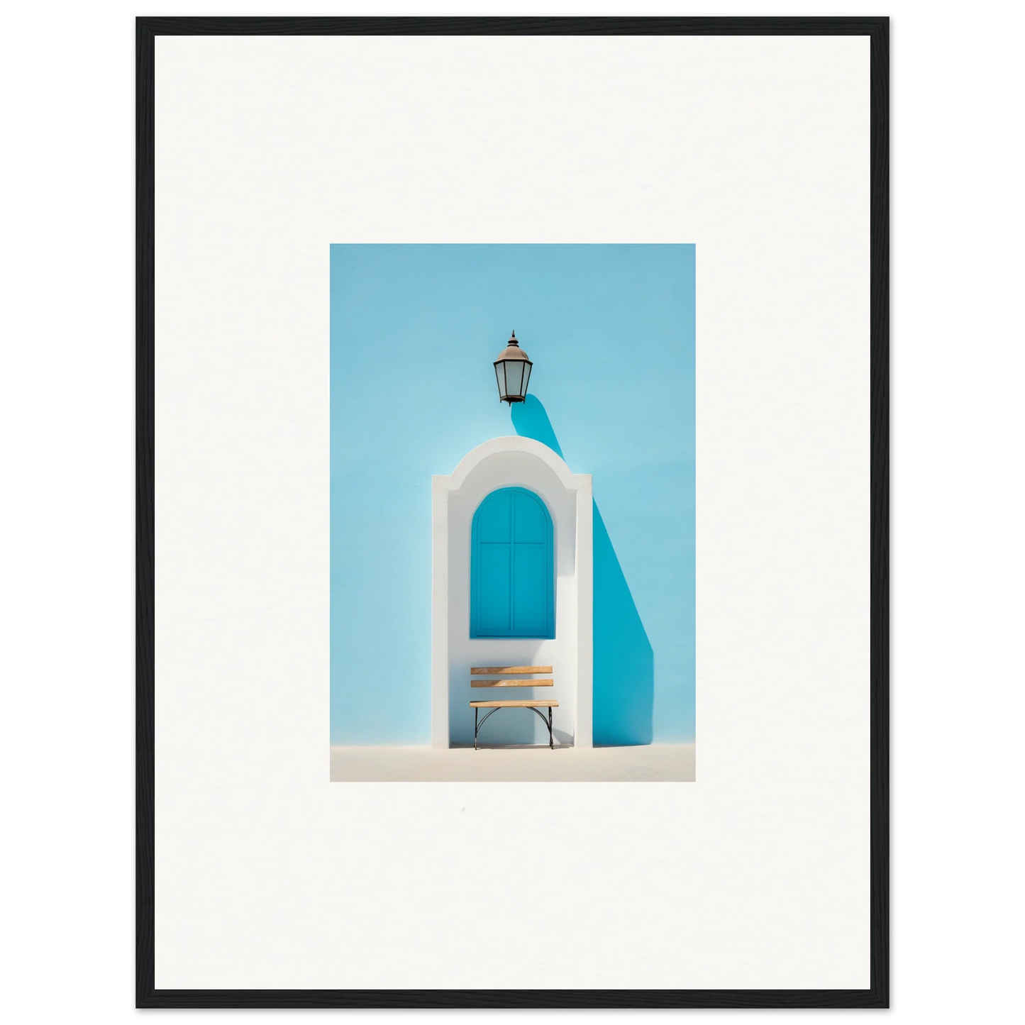White alcove with bench and lantern on turquoise wall from Ethereal Mediterranean Pause