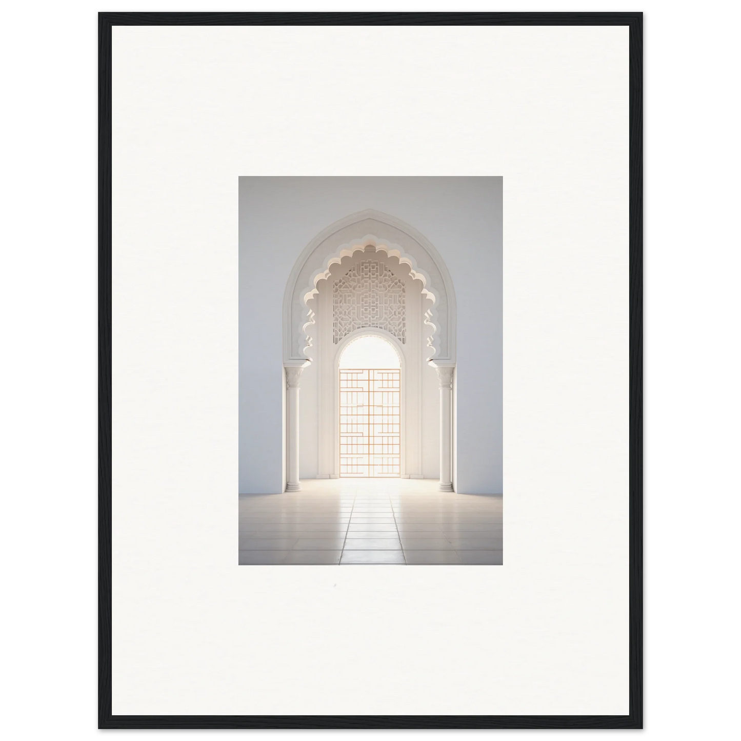 Ornate white archway with scalloped details and latticed window in Threshold Dreamscapes Portal