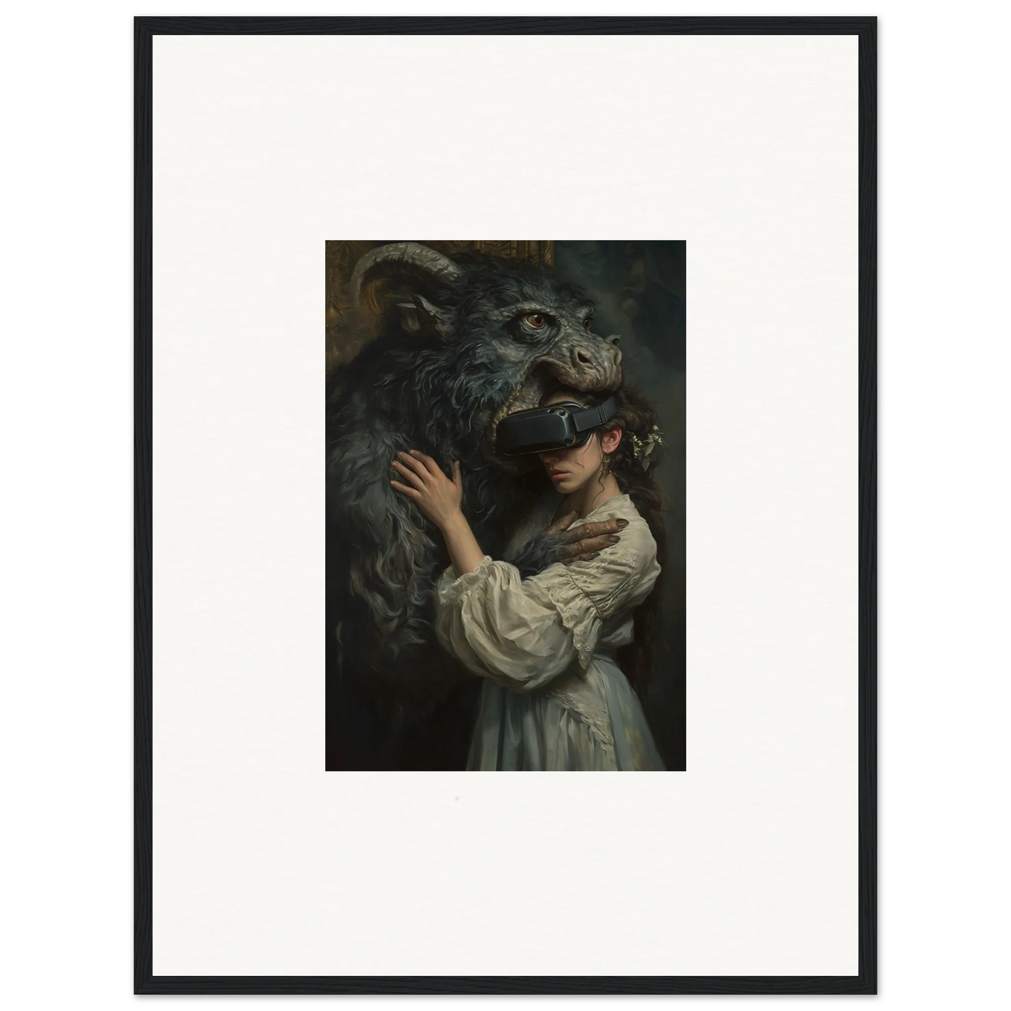 Framed artwork of a figure in a white dress with a dark reality monster dragon