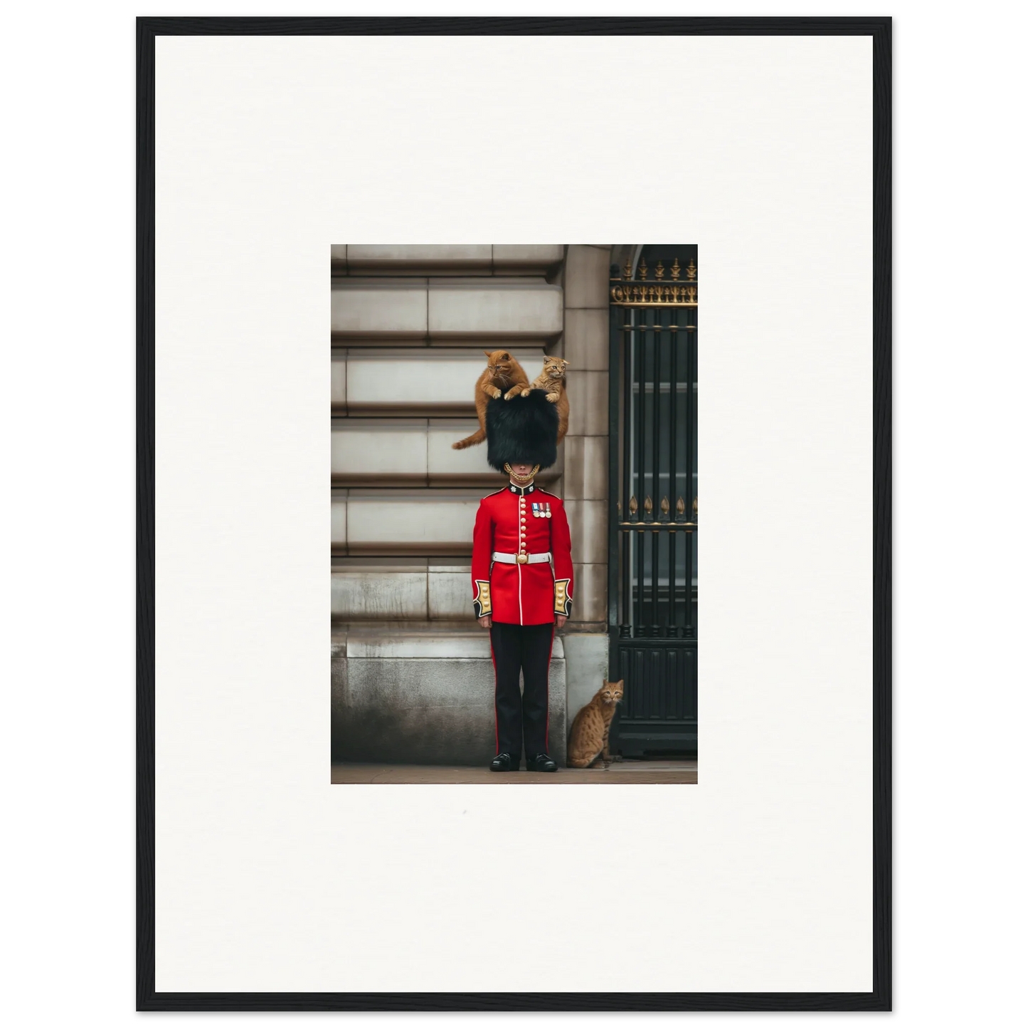 Orange cat relaxing on a Queen’s Guard uniform in Sensational Sentinels’ Playground art