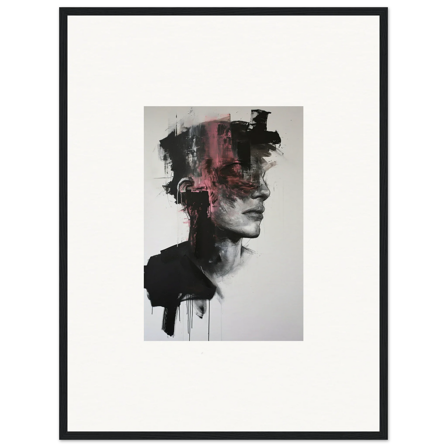 Abstract black and pink watercolor portrait on Fragmented Psyche Canvas, perfect for framed posters