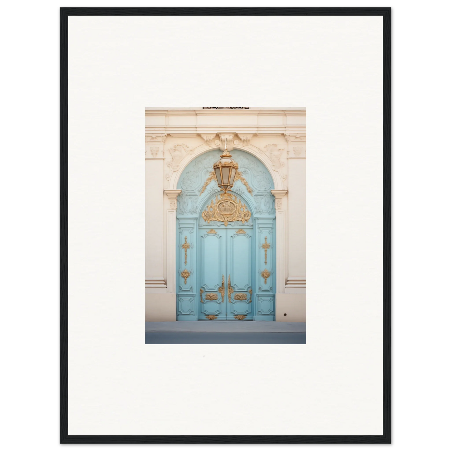 Ornate turquoise double door with gold details in the Ethereal Thresholding Gate design