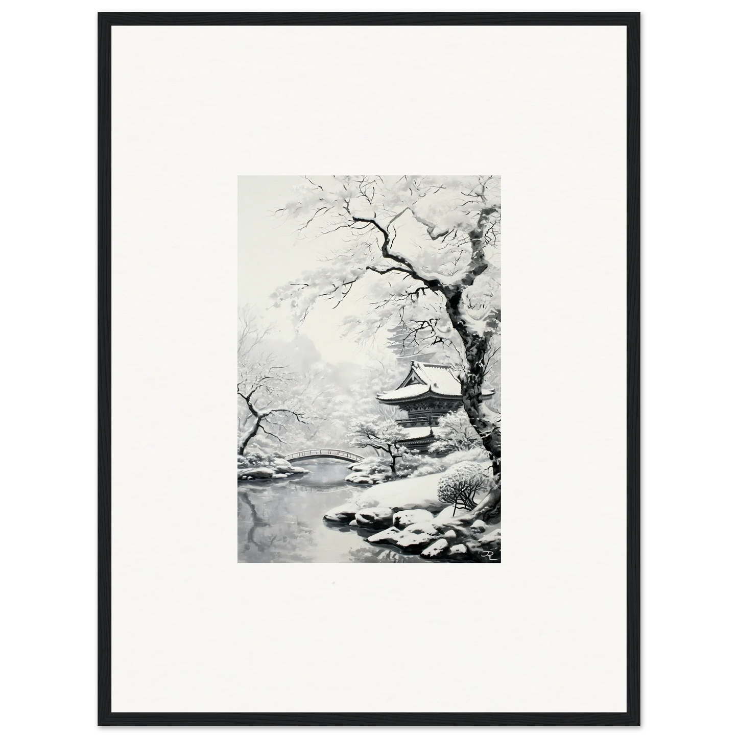 Black and white ink painting of a snow-covered pagoda for Winter Embrace Whisper