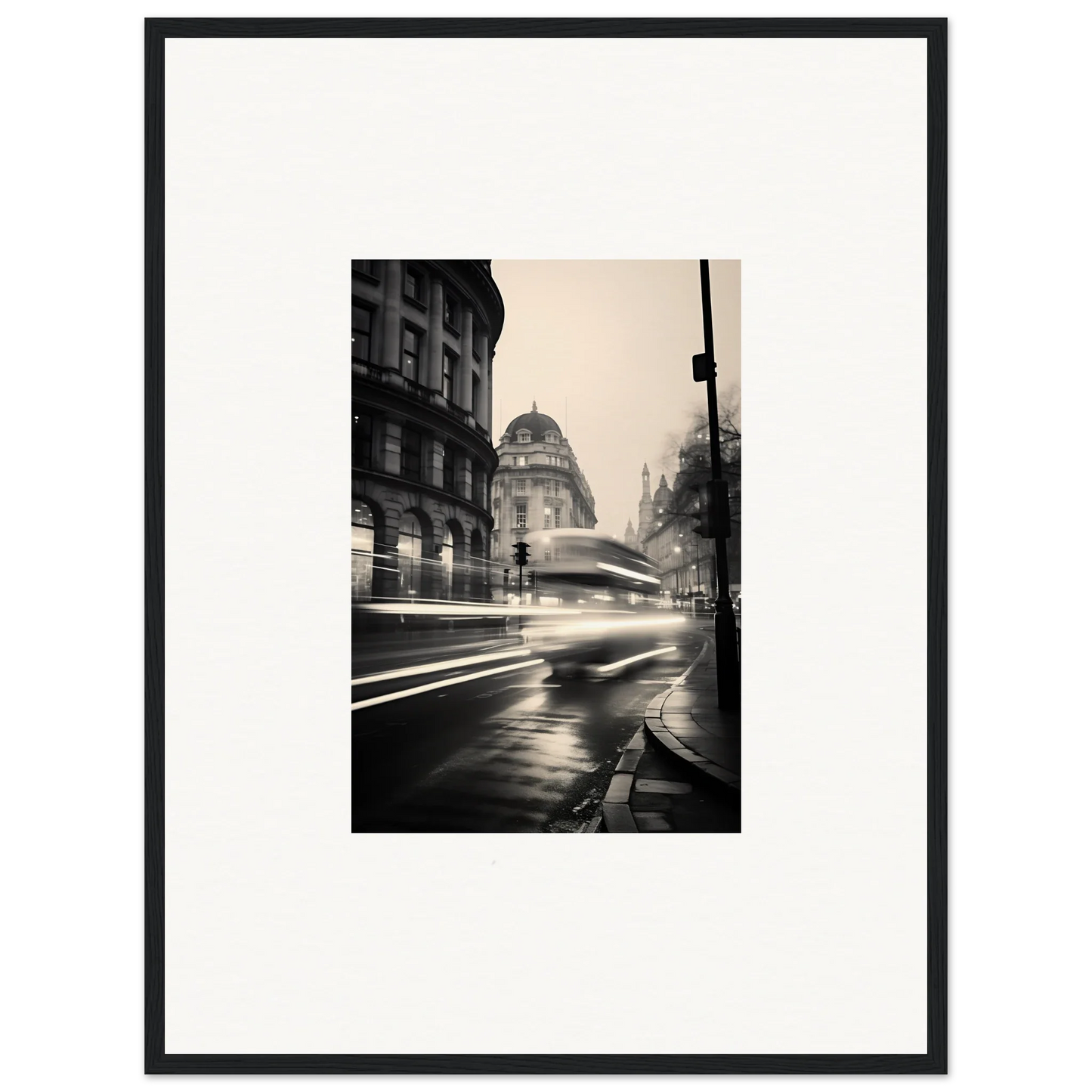 Black and white rainy city street with blurred car lights in Ethereal Citypulse Reverie