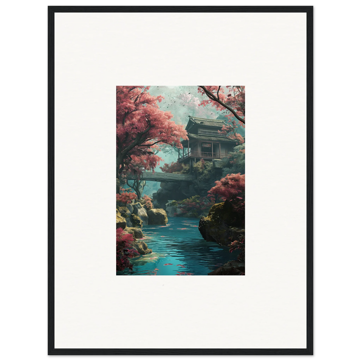 Traditional Japanese pagoda by a calm river with cherry blossoms in Serenity’s Dreamscape