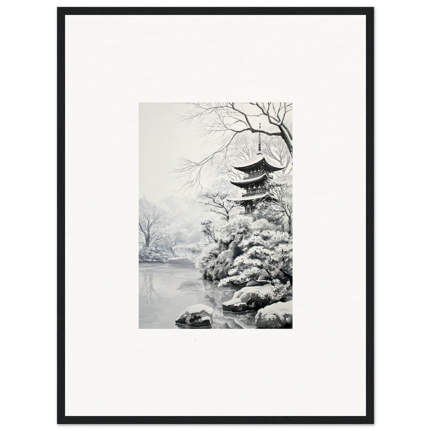 Black and white ink painting of a Japanese pagoda in winter for Crystallized Blossom Oasis