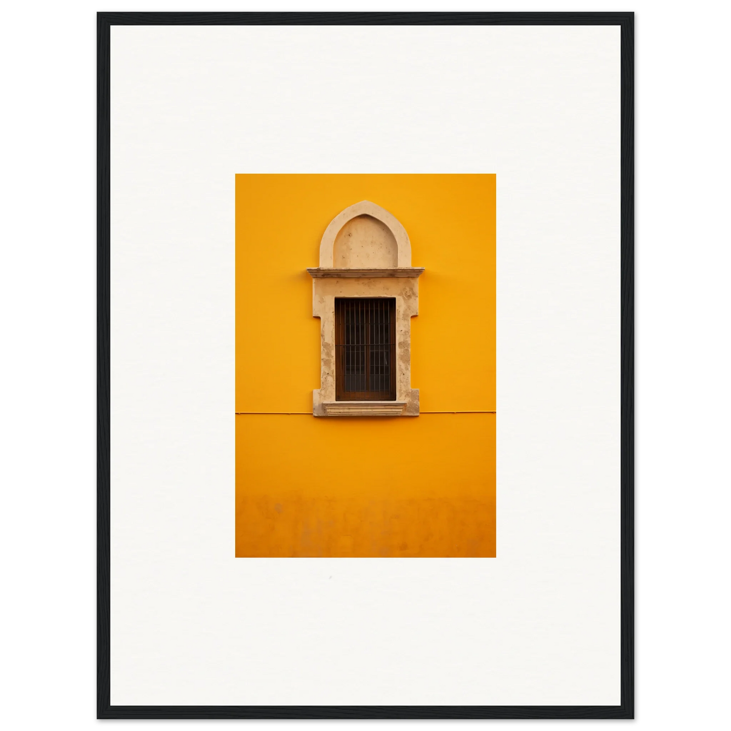 Ornate window with stone trim on bright yellow wall in Golden Correspondence Portal art